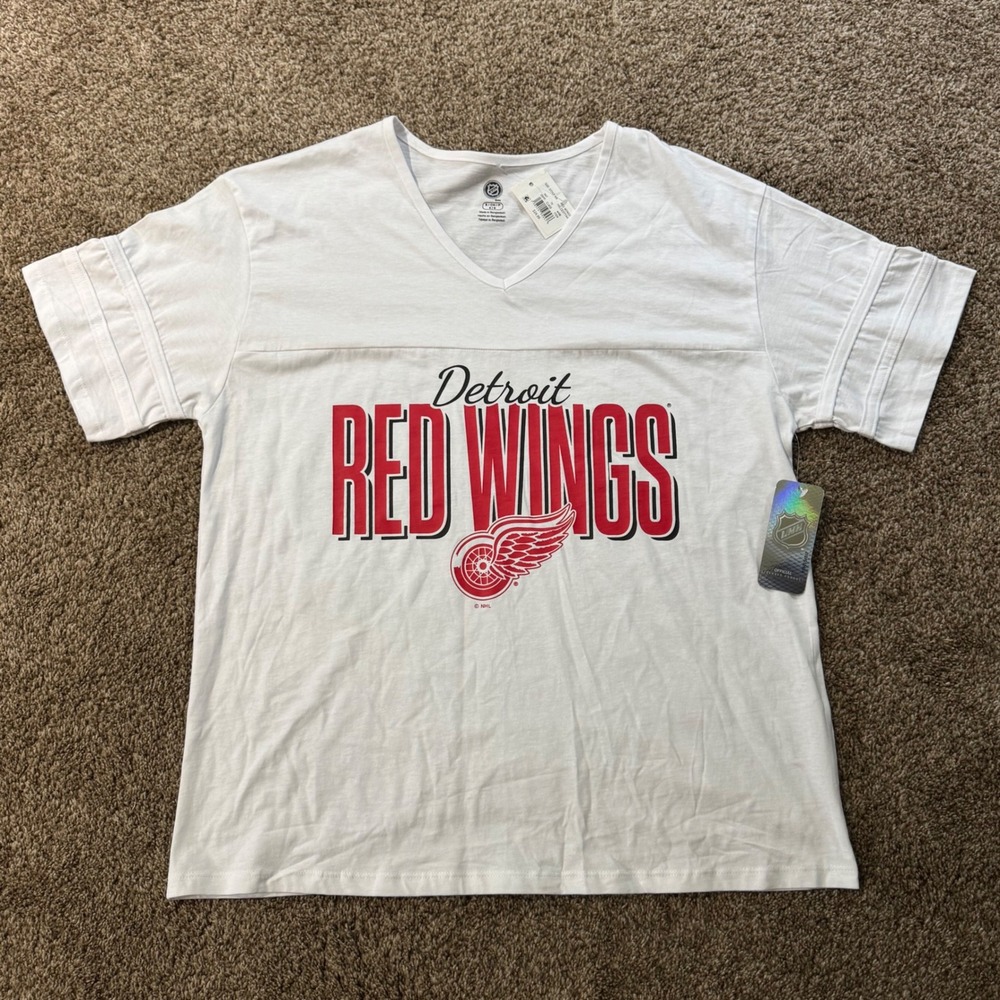 NHL Women White Detroit Red Wings V-Neck Jersey Tee Graphic Size S NEW